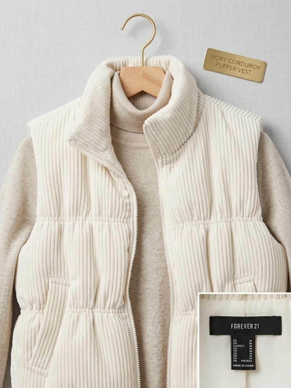 Forever 21 Ivory Corduroy Puffer Vest with High Collar